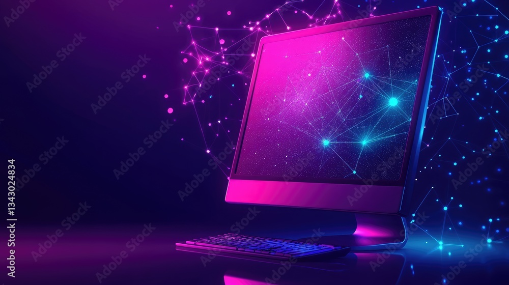 Poster computer-themed logo with a stylized desktop monitor and geometric elements representing digital inn