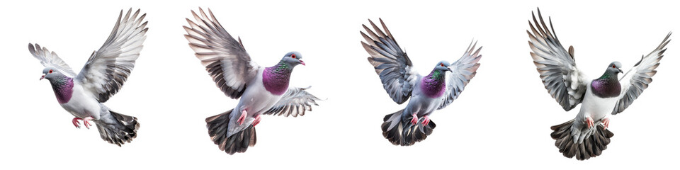 Naklejka premium A group of graceful pigeons or doves soaring and flapping their wings in mid air against a serene urban backdrop