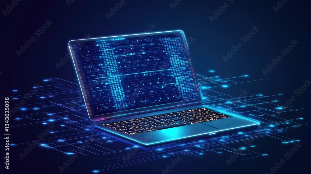 Poster cyber-inspired computer logo featuring a pixelated screen and neon blue circuit patterns.