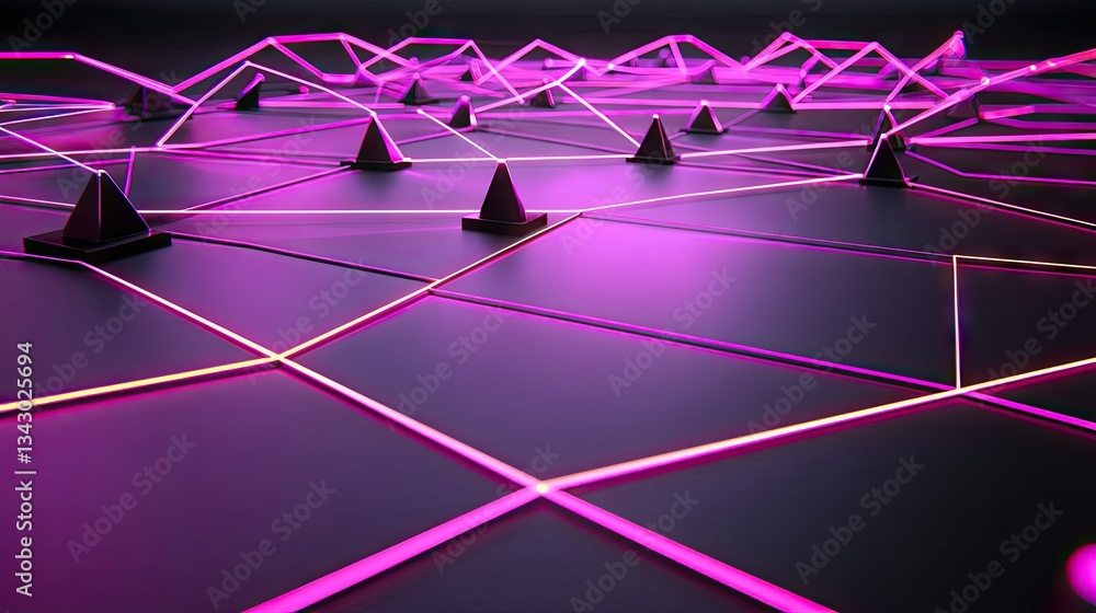 Poster cones connected by light, in a network on flat surface. abstract tech and communication background