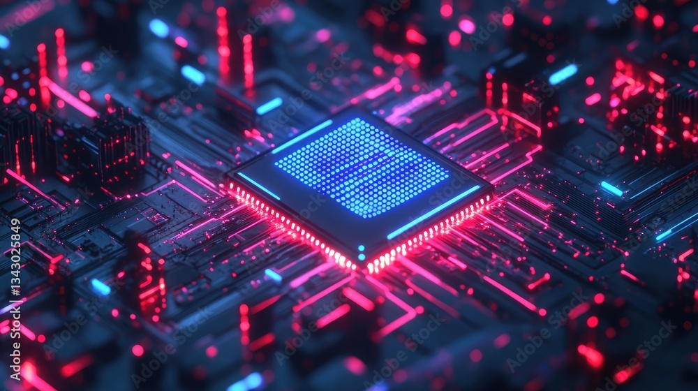 Poster futuristic computer logo with a glowing microchip symbol and digital elements in neon blue.