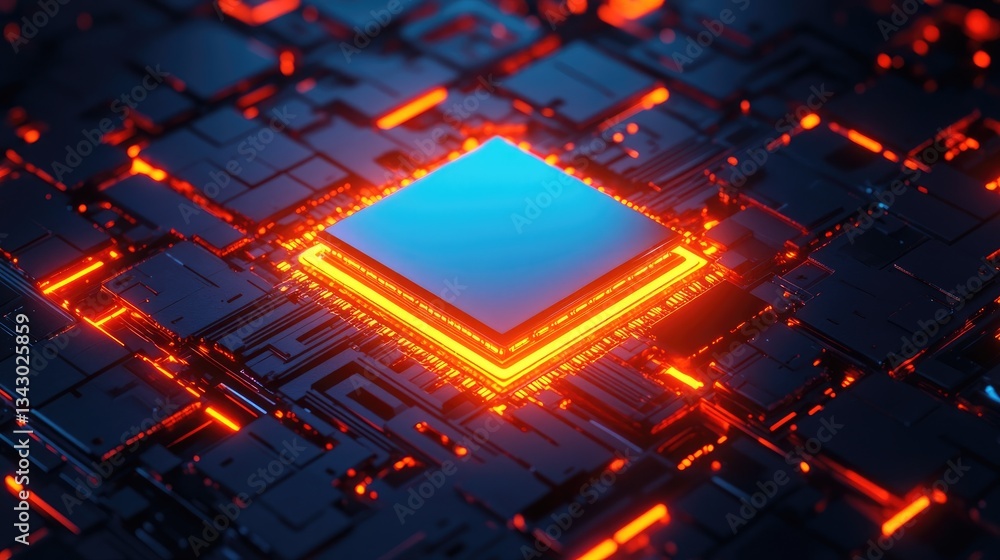 Aufkleber futuristic computer logo with a glowing microchip symbol and digital elements in neon blue.