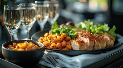 A room service cart showcases a fresh meal presented with luxurious hotel branding and decorative napkins, appealing to discerning guests.
