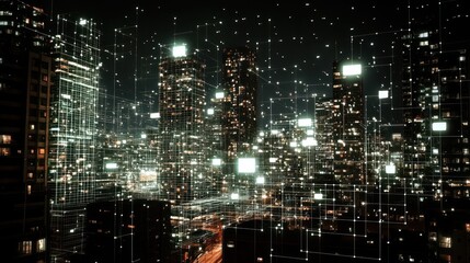 Night city skyline with digital network overlay.  Possible use Stock photo for technology, future, urban