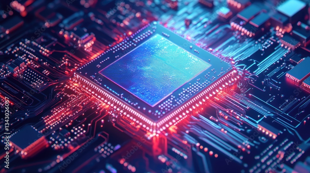 Poster high-tech computer logo with an innovative circuit board design and a metallic color scheme.