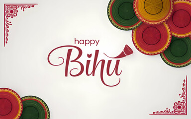 Elegant Bihu Festival Illustration with Colorful Jaapi Hats and Pepa Horn