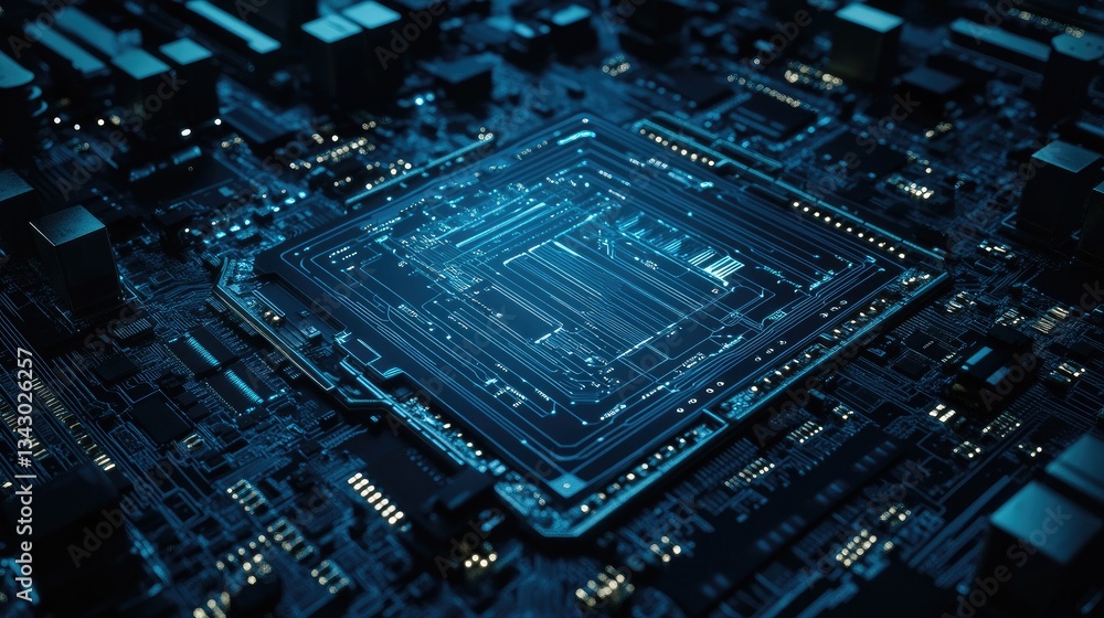 Poster high-tech computer logo with an innovative circuit board design and a metallic color scheme.