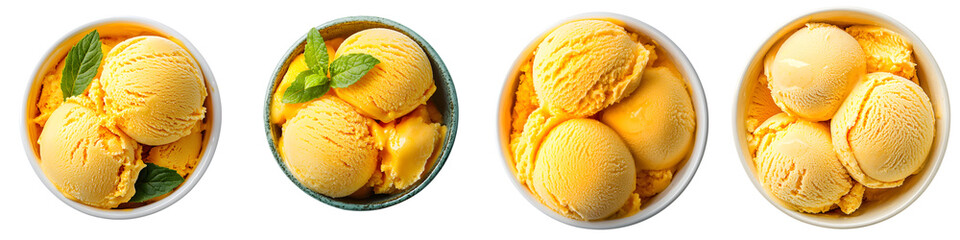 An assortment of vibrant creamy citrus flavored ice cream scoops served in individual bowls garnished with fresh mint leaves for a refreshing and indulgent dessert experience