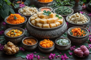 A traditional Indian Gudi Padwa celebration setting featuring a decorative bowl, festive cake, dining table, and vibrant orange colors.