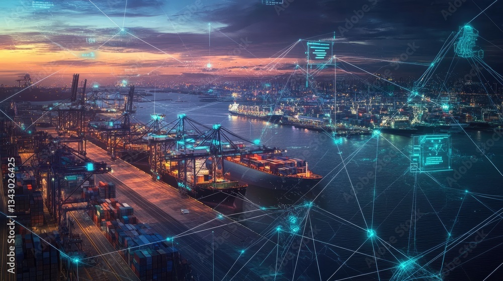 Poster hyper-connected port with automated cranes, ai-driven cargo management, and smart maritime logistics