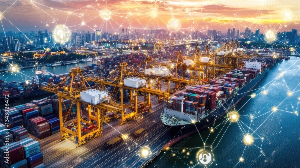 Poster hyper-connected port with automated cranes, ai-driven cargo management, and smart maritime logistics