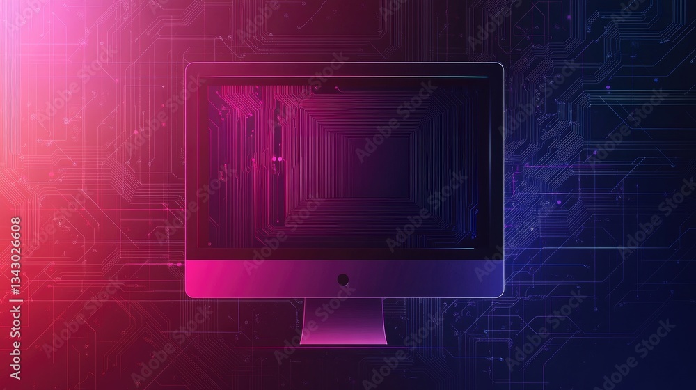 Poster minimalist computer logo with a sleek monitor icon and abstract circuit lines on a dark gradient bac
