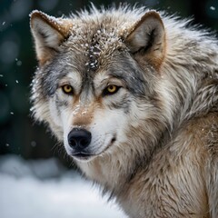 Obraz premium Intense Portrait of an Interior Alaskan Wolf with Bright Yellow Eyes Amidst the Snowy Forest