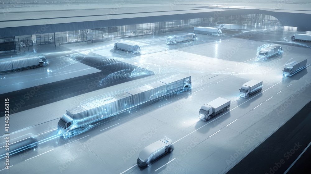 Poster smart logistics hub with automated robotic vehicles transporting cargo containers, integrating ai an