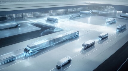 Fototapeta premium Smart logistics hub with automated robotic vehicles transporting cargo containers, integrating AI and IoT for efficient transportation technology.