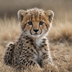 "A baby cheetah cub sitting playfully, its fluffy fur and wide eyes full of curiosity, positioned against a bright white background."