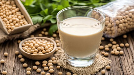 A glass of soy milk with a sealed carton in the background