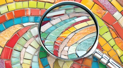 Fototapeta premium Magnifying glass on colorful mosaic detail, close-up