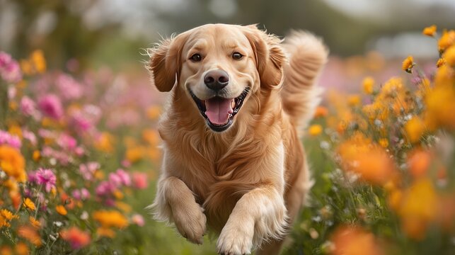 A vibrant garden with a joyful Golden Retriever frolicking, embodying pure happiness through dynamic movement and expressive eyes.