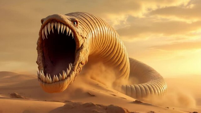 Giant, terrifying sandworm erupting from the desert sand. Monster, creature design for a science fiction or fantasy film. Warm lighting, dramatic. 4K 60 FPS rendering.