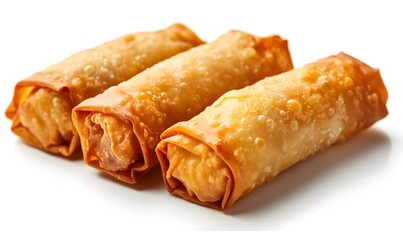Three golden brown crispy egg rolls are arranged neatly on a bright white background ready to be served as a delicious appetizer.