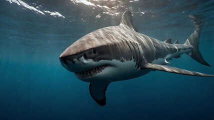 Fototapeta premium Great White Shark Swimming Underwater in Deep Blue Ocean Waters