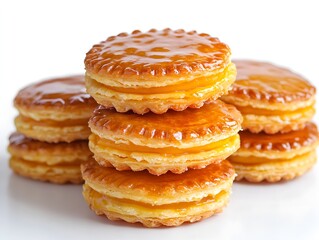 A delectable stack of golden, glossy, filled pastries showcases a tempting dessert perfect for afternoon tea or a sweet treat.