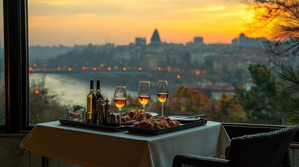 A fine dining experience is presented on a white linen tablecloth by a lavish room service cart, offering an extraordinary meal with a scenic city view.