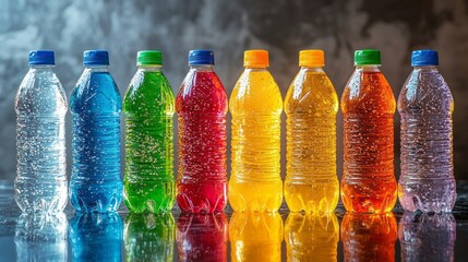 A row of bottles of different colored drinks