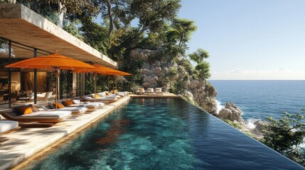 Obraz premium A coastal villa, luxurious and shaded, features sun loungers perfectly positioned under colorful umbrellas, next to an infinity pool that offers breathtaking views of the ocean.