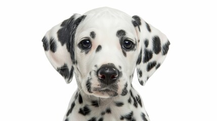 Dalmatian puppy posing for the camera against a clean white background, full of charm