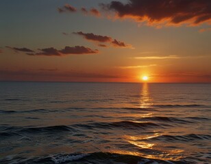 Obraz premium Seascape with scarlet sunset with sun on the horizon
