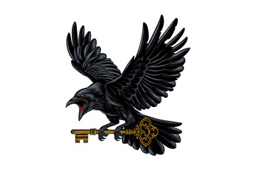colored illustration of a crow with a vintage key