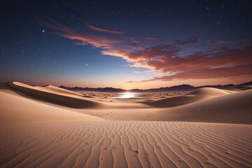Naklejka premium Landscape view at desert in sunset time. Sand dunes during golden hour