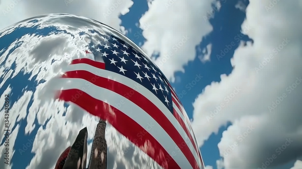 Poster a reflective image featuring the american flag under a bright sky, showcasing a unique perspective w