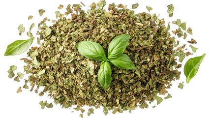 Dried and chopped up basil spice pile background, top view | Transparent PNG --ar 16:9
