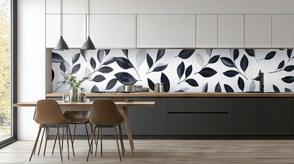 A modern kitchen with an accent wall of olive leaf-patterned tiles, giving a Mediterranean touch.
