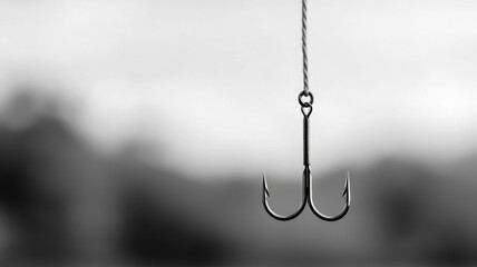 A close-up of a fishing hook hanging from a rope against a blurred background, emphasizing the simplicity and elegance of the fishing gear.