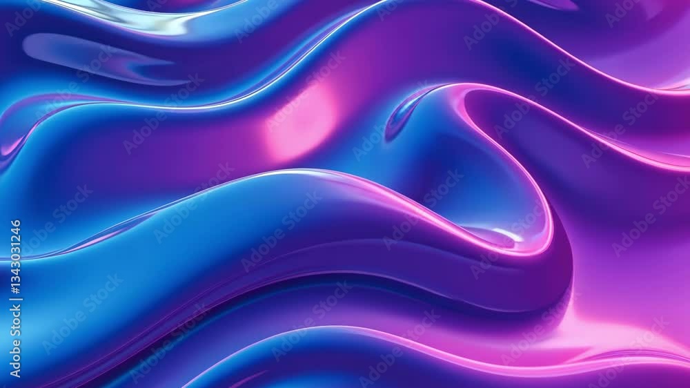 Poster abstract flowing shapes in blue and pink with glossy reflections creating a fluid design art
