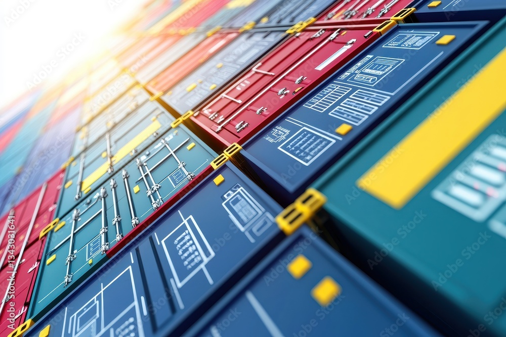 Poster a close-up view of vibrant shipping containers stacked together, showcasing their colorful designs a