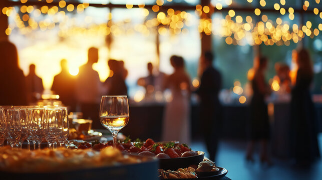 Elegant outdoor event with wine glasses and gourmet food on a buffet table under string lights at sunset. Social gathering and fine dining atmosphere
