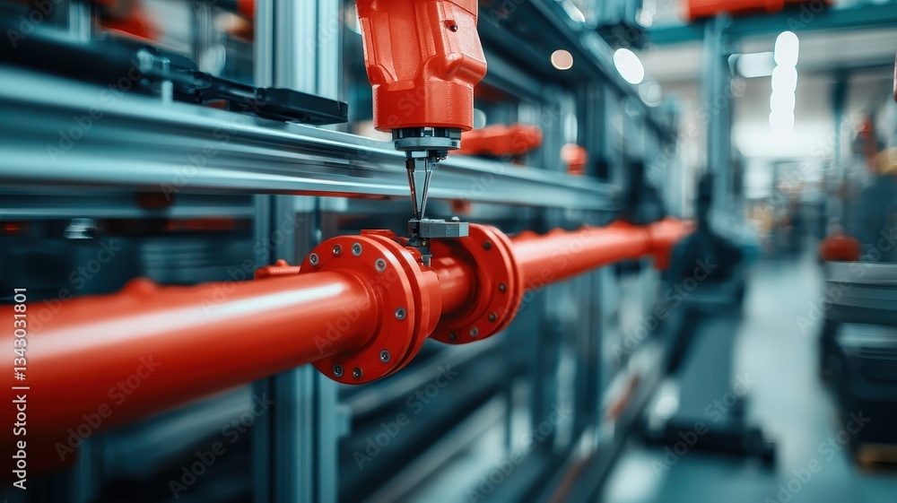 Poster a close-up of a robotic arm interacting with a red pipe in an industrial setting, showcasing advance