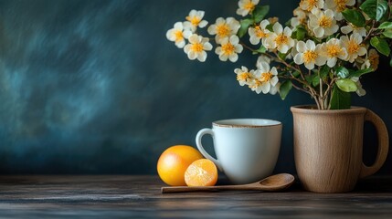 A charming and simple visual featuring coffee, stone fruits, and a vintage wooden spoon in a minimalistic flat lay.