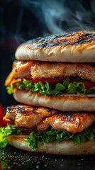 Stacked grilled chicken sandwich, steaming hot, with fresh toppings