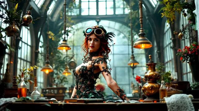 A woman in revealing, nature-inspired steampunk attire, with goggles and ornate accessories, poses in a lush, overgrown greenhouse. It represents a fusion of technology and nature. 4k 60 fps.