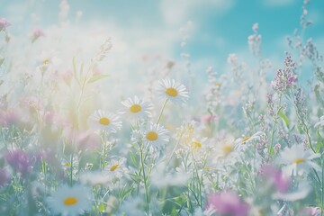 Sunlit spring meadow with wild daisies and panoramic blue sky view © MdRowshan