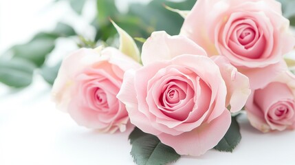 A graceful arrangement of soft pink roses lies on a clean, white surface. their gentle hues and delicate petals evoke a sense of elegance, ideal for romantic themes. Space for text.