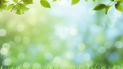 Naklejka premium green leafs in the top over blurred background, copy space for text