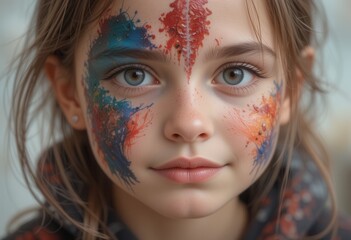 Fototapeta premium Young girl with colorful face paint at a festival celebration