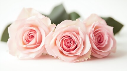 Fototapeta premium A graceful arrangement of soft pink roses lies on a clean, white surface. their gentle hues and delicate petals evoke a sense of elegance, ideal for romantic themes. Space for text.